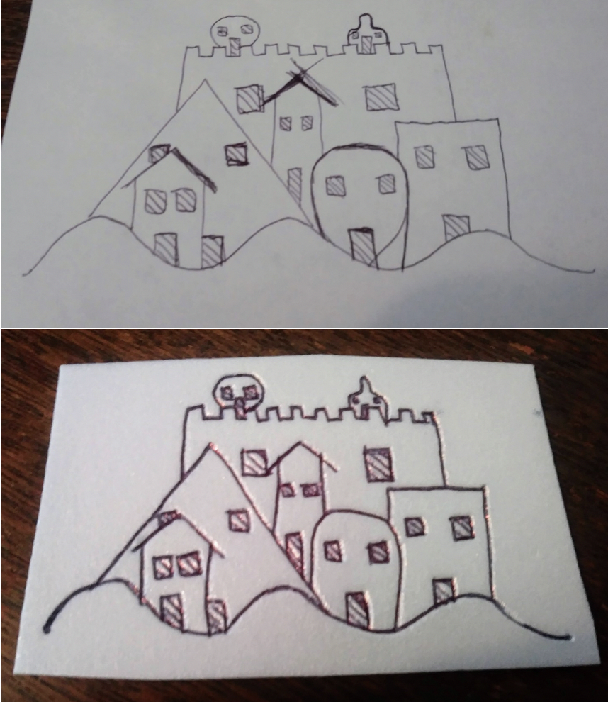 Cartoon of a castle scene on top, scene transfered to styrofoam on bottom