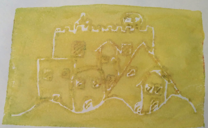 Yellow print of castle scene