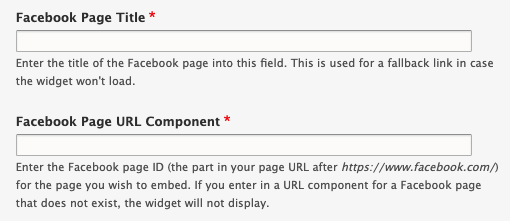 Left Component field set with required text fields for Facebook Page Title and URL Component
