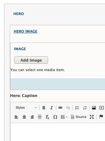 field set with Hero at the top, a Hero image section slightly indented within it, and an image section within that which contains an image button and a rich WYSIWYG caption field