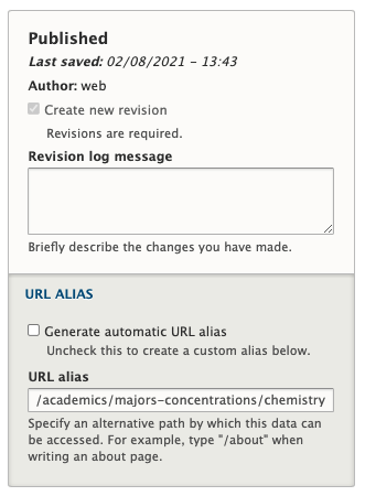 the moderation state and URL alias field sets. Moderation state shows the current state of the page, when it was last saved, and the revision log message field.