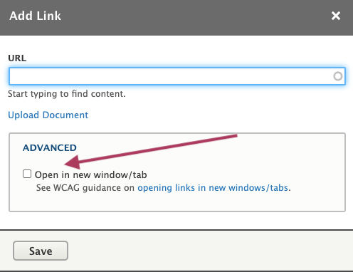 The dialog box that shows an unselected checkbox labeled open in new window/tab
