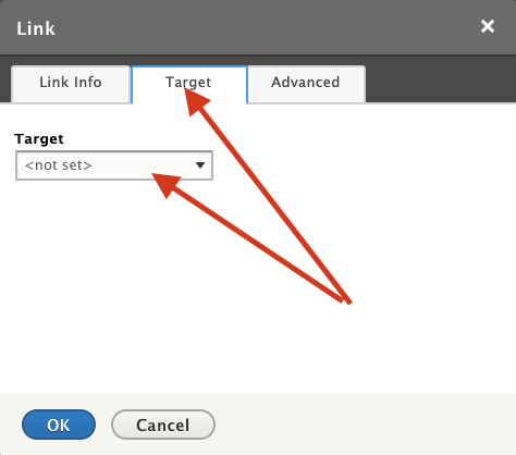 The link dialog box with the target tab selected and the target dropdown displaying not set