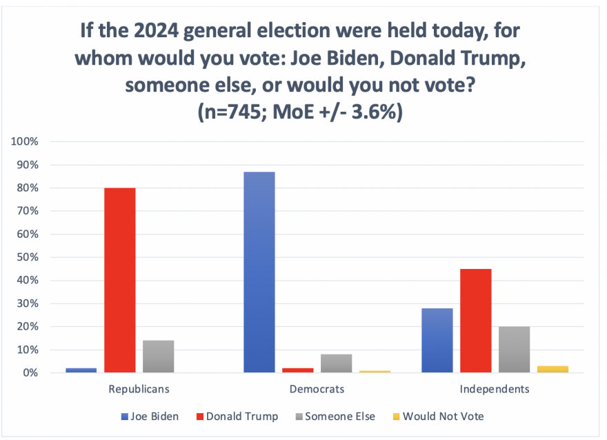 If the 2024 general election were held today, for whom would you vote: Joe Biden, Donald Trump, someone else, or would you not vote? 