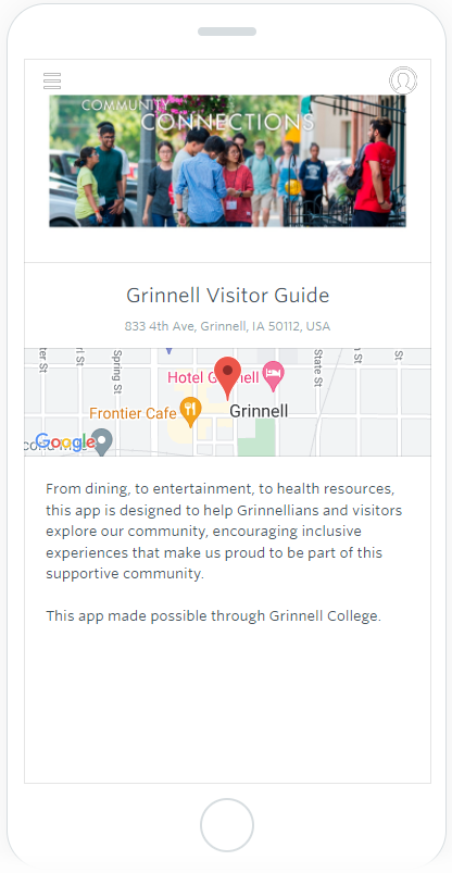 Grinnell Visitor Guide app showing a header, small map of grinnell and short message