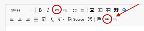 Second link icon, near right side of WYSIWYG icon bar is highlighted and has an arrow pointing to it