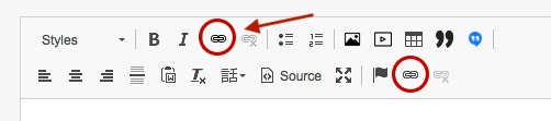 WYSIWYG icon bar with first link icon circled with an arrow pointing to it 