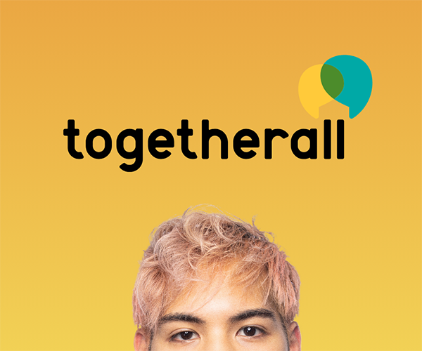 Togetherall logo with image of student peeking over the bottom. Just the student's eyes are showing. Their hair is a fading dyed pink.