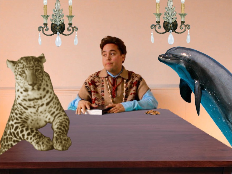 Human sitting at a table with a leopard and a dolphin.