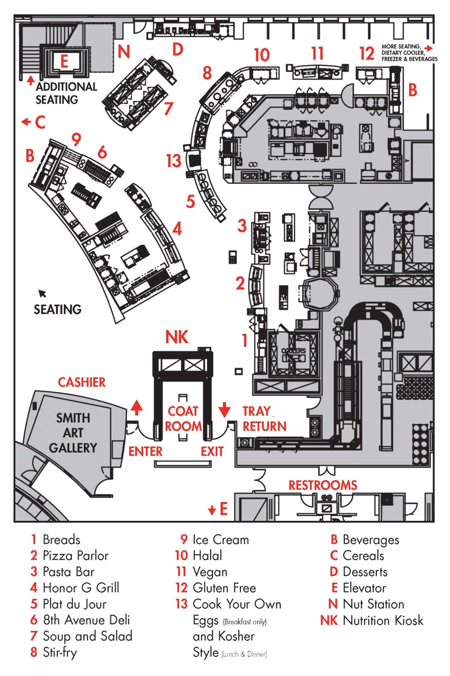 A map of Marketplace Dining Hall with stations