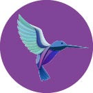 Conexiones icon, a purple circle with a bird in various shades of blue