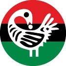 GBAN Icon, white stylized bird on a horizontal striped background of red on top, black in the middle, and green on the bottom