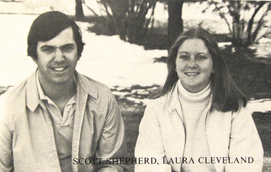 A black and white photo of the Shepherds on campus during college at Grinnell