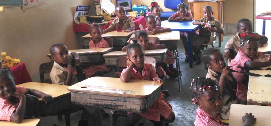 Children in a classroom at Bottom Halse Hall Basic School in Clarendon, Jamaica