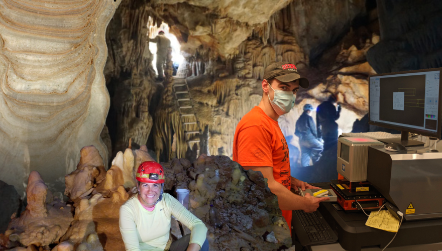 Collage of a cave, a stalagmite, and two people