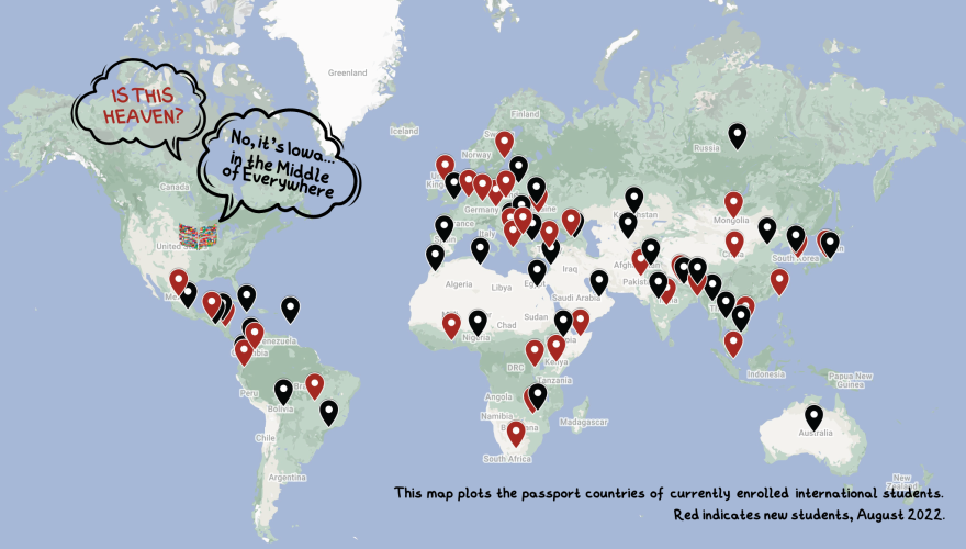 A world map that plots all the passport countries represented by international Grinnellians