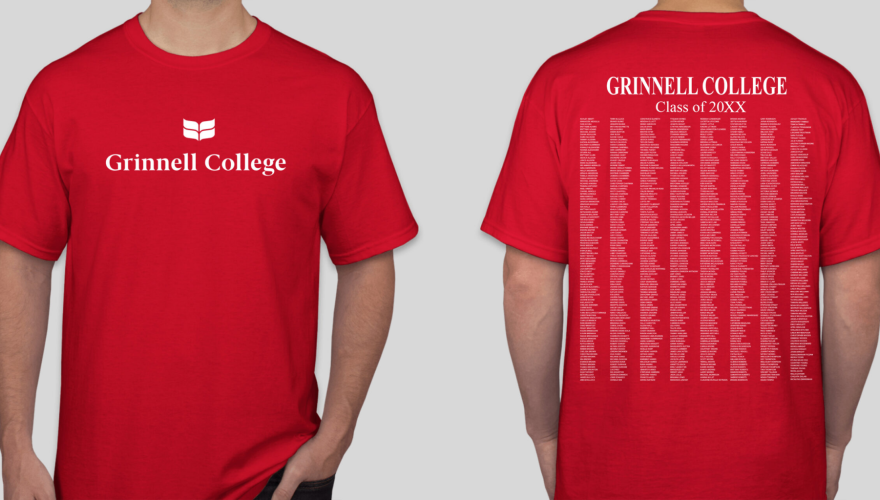Image of Red T-shirt printed with the names of all the Grinnell College 2023 Grads