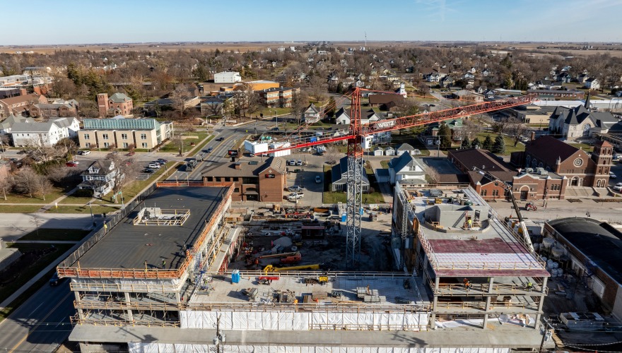 Aerial view of renfrow hall in dec 2023 shows partially completed u-shaped hall 