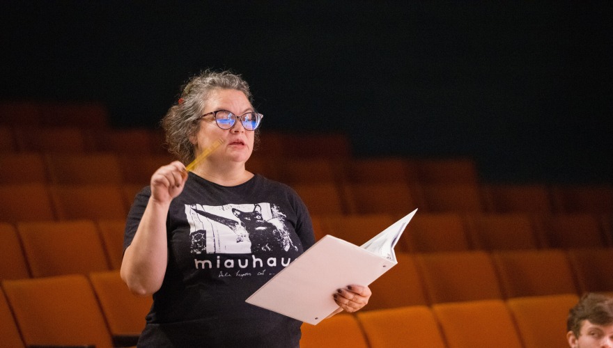 Jen Shook directing the rehearsal of At Hotel MacGuffin