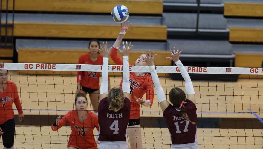Volleyball players reach for the ball above the net