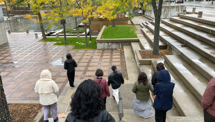 Students explore Peavey Plaza in Minneapolis