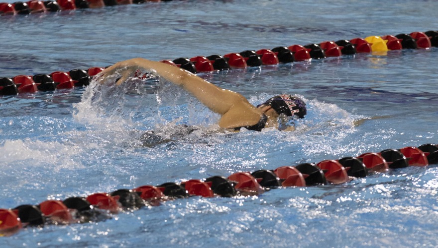 A swimmer in black in the water, swimming freestyle