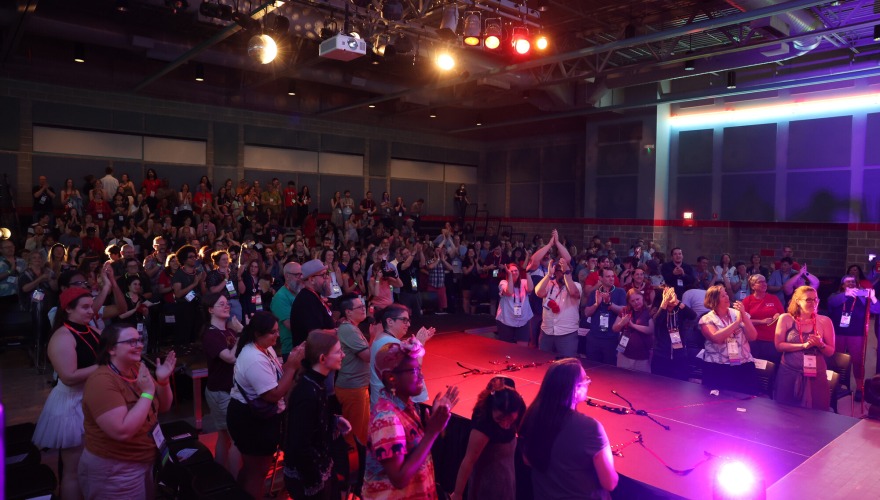 A large crowd at Drag Show inside of Harris Center during Reunion weekend.