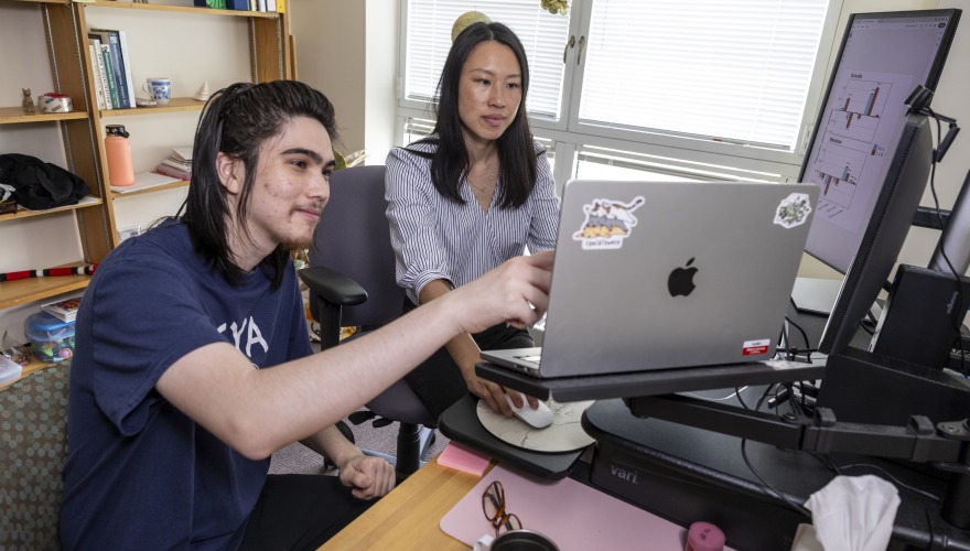 Grinnell College student Matthew Billings-Chiu and Associate Professor of Biology Caroline Dong sit at an office computer desk and discuss the data they are reviewing.