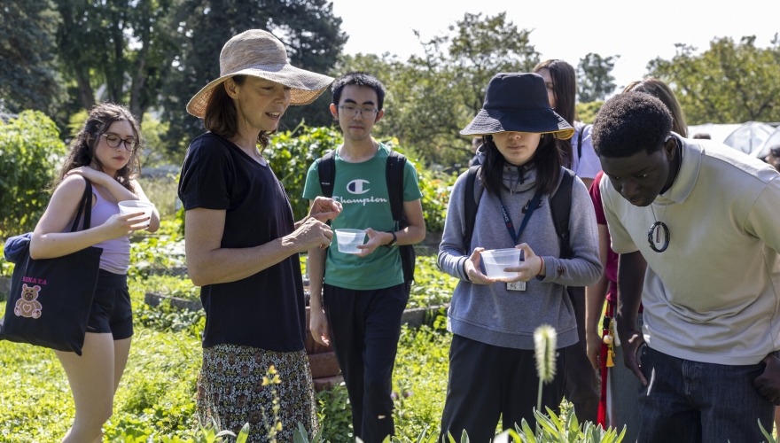 Grinnell Science Project attendees look at plants in the College Garden while a professor speaks.