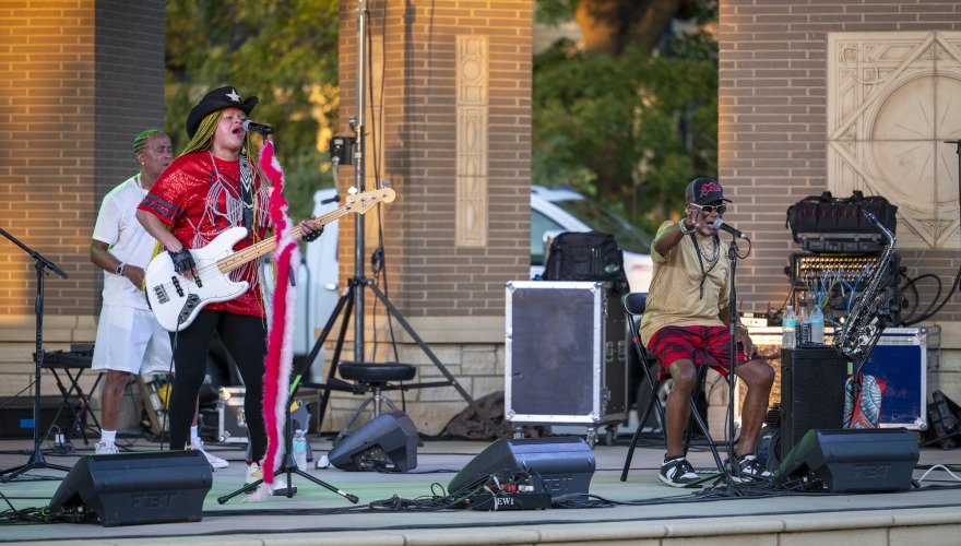 The Mix Show Band performs at Central Park in downtown Grinnell.