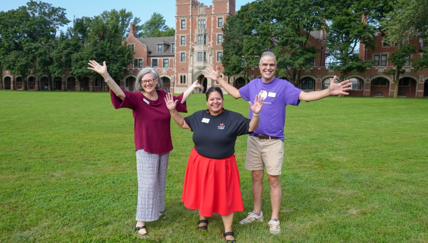 Grinnell College President Anne F. Harris celebrates the start of the 2026 academic year alongside Vice President of Administration and Chief of Staff Myrna Hernández and Vice President of Student Affairs JC Lopez