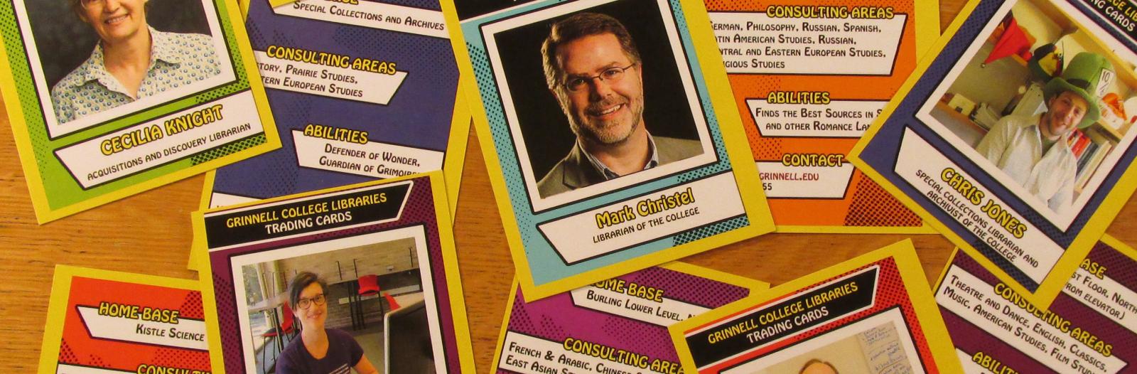 Librarian trading cards featuring Cecilia Knight, Mark Christel, Chris Jones, Liz Rodrigues, and Keven Engel