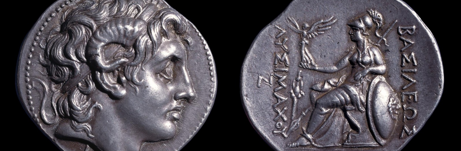 Two sides of an ancient coin: a third-century BCE coin depicting, on one side, Alexander the Great as the Egyptian god Amun and, on the other, the Greek goddess Athena holding the goddess Nike (Victory)