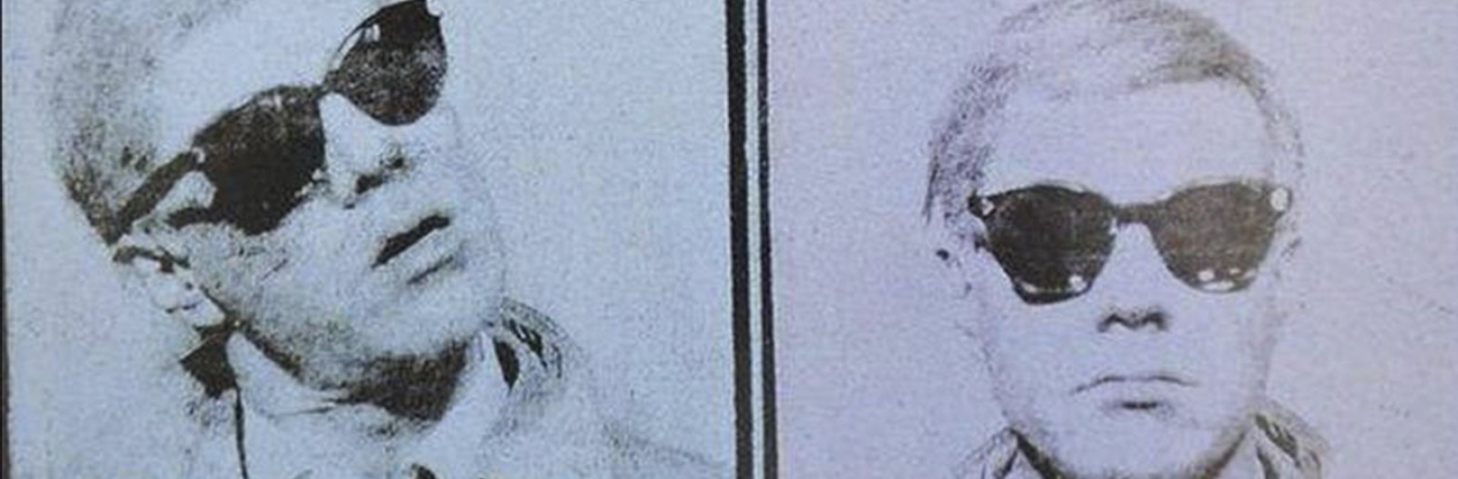 2 headshots of Andy Warhol, a detail from his 1963-64 self-portrait