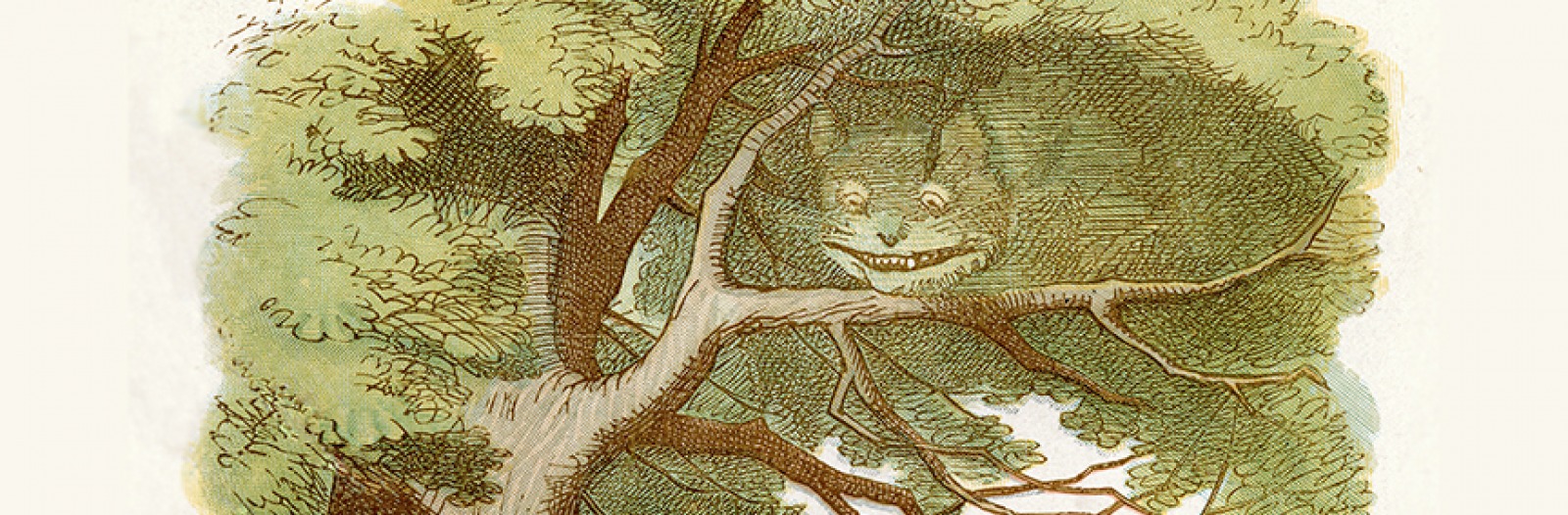 Illustration of the Cheshire Cat in a tree from Alice in Wonderland
