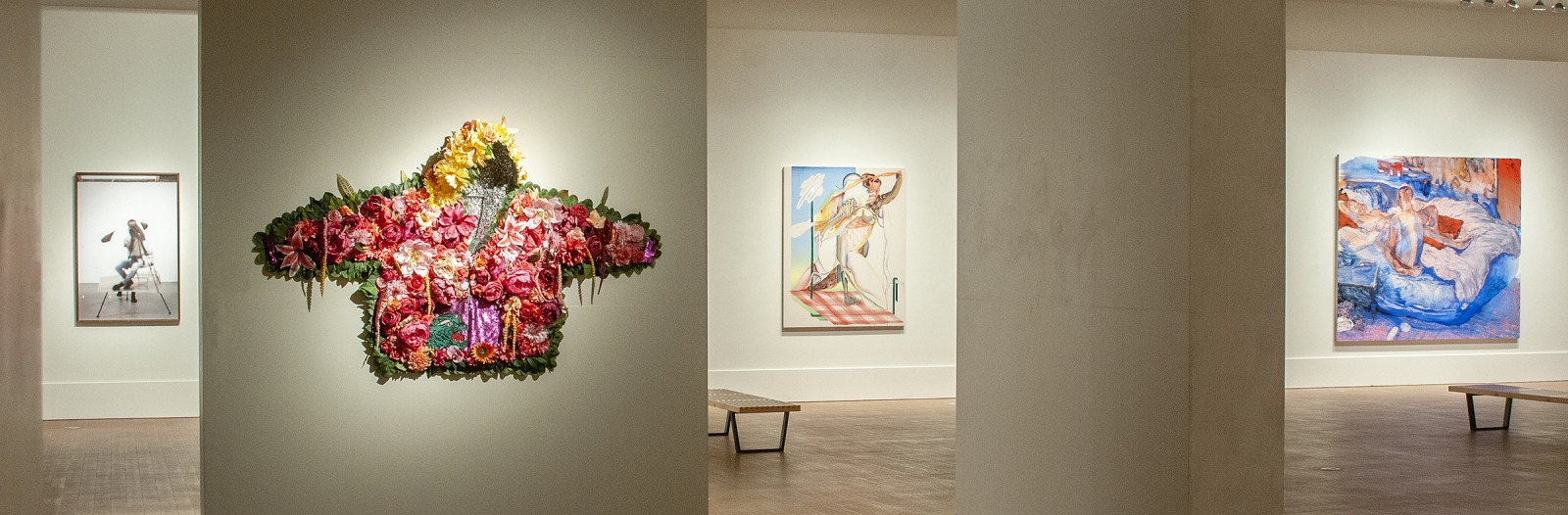 Installation view of Devan Shimoyama's "Untitled (For Trayvon)", a hoopie covered in flowers.