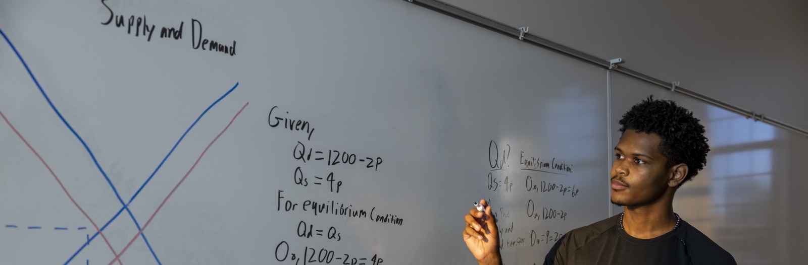 A young man stands next to a white board with the words "Supply and Demand" and a chart and equations