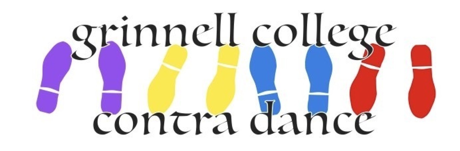 Shoe prints in purple, yellow, blue, and red with Grinnell College Contra Dance in black text