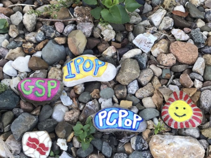 5 brightly painted rocks with GSP, IPOP, PCPOP smiling flower or sun, and Grinnell's Laurel leaves.