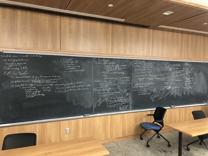 A blackboard with a lot of text written on it