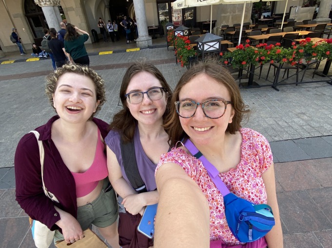 My friends and I take a selfie at Krakow while we travel for our course-embedded travel class.