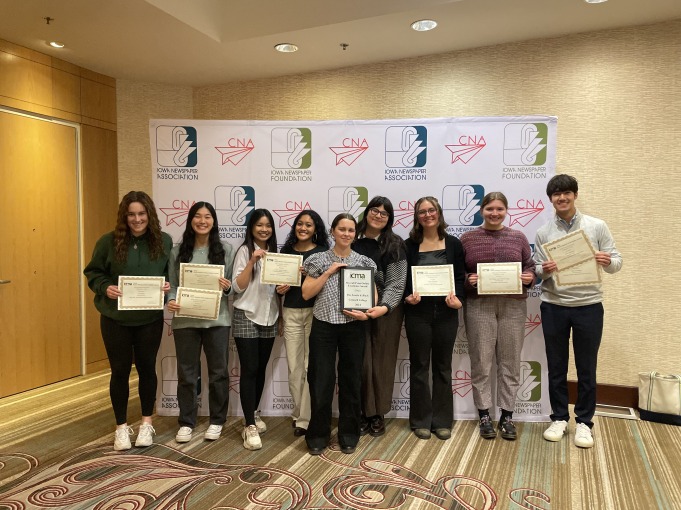 Student writers of the Scarlet and Black are at the Iowa Media College Association Awards in 2024. The S&B was named the News & Multimedia Organization of the Year.