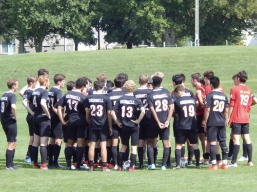 Soccer field game 2 players in huddle
