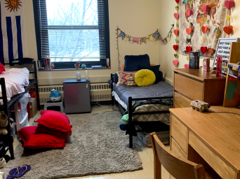 My and Katie's first-year dorm room! There's a long window in the middle of the room, and we have a long gray rug underneath the window. There are lots of decorations on the walls with lots of pillows on the blue and pink-colored sheets of the bed.