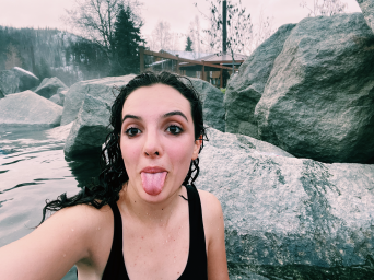 I stick my tongue out in front of the cold waters of Alaska