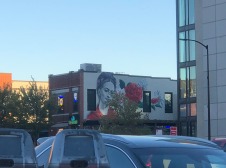 Mural of a woman and flower in the background with two parking meters and a car in the foreground