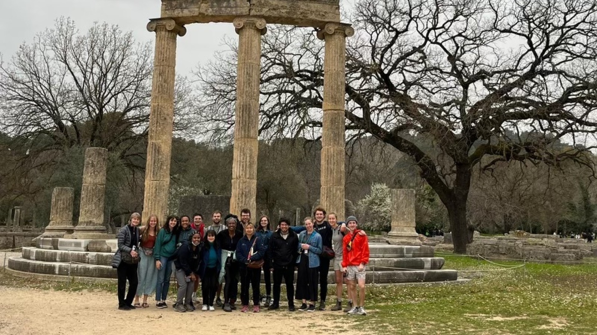 My classmates and I take a picture in front of a ruined olympic parthenon for Ancient Olympia in Greece during spring break