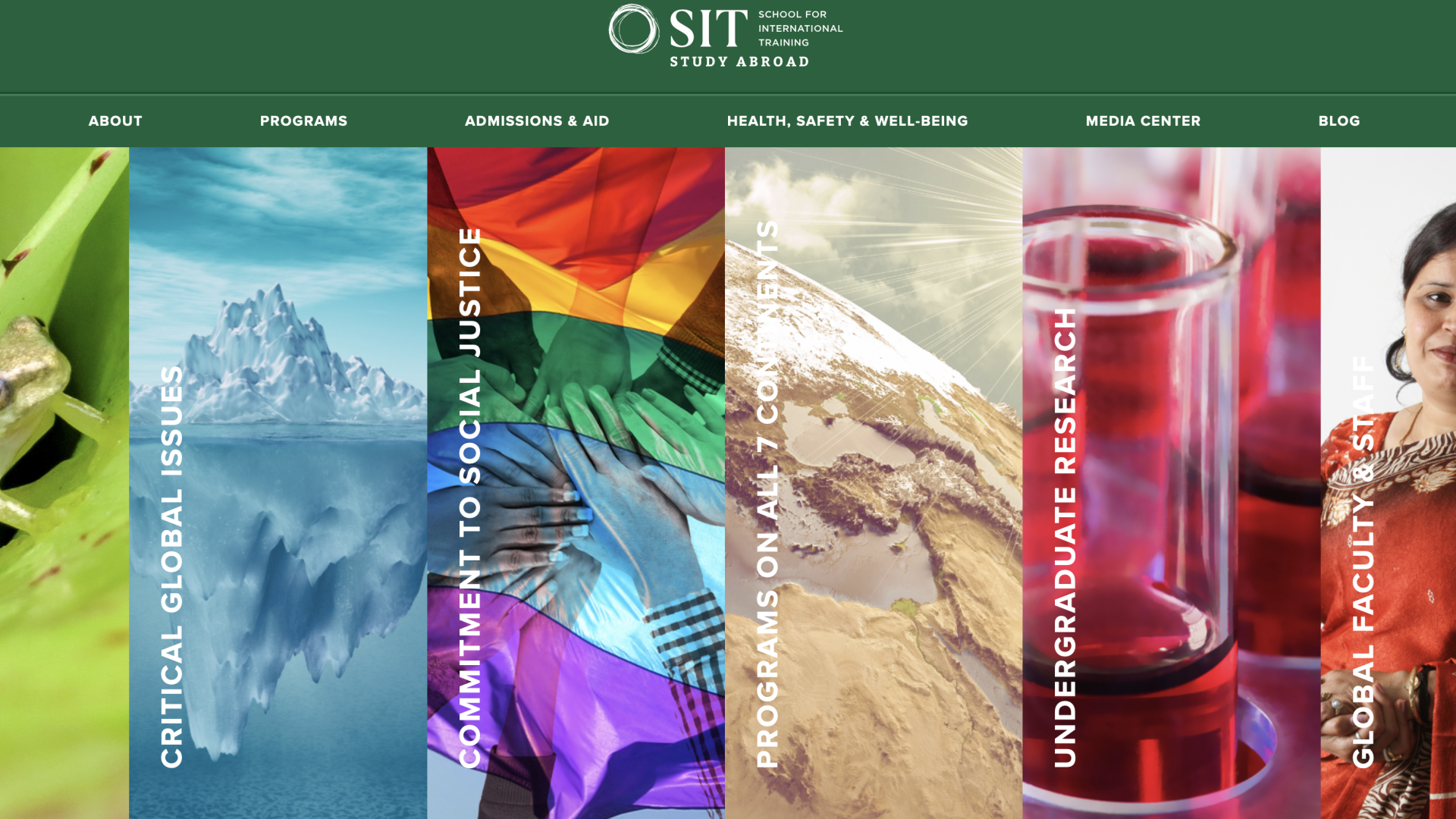 SIT Abroad Internship's official website. There are 6 colorful columns that state its global curriculum and faculty and commitment to social justice.