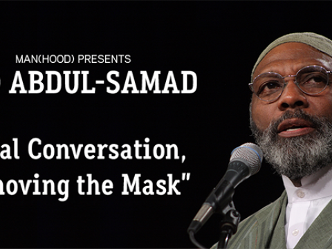 Rep. Ako Abdul-Samad at mic with white on black text poster announcing the presentation