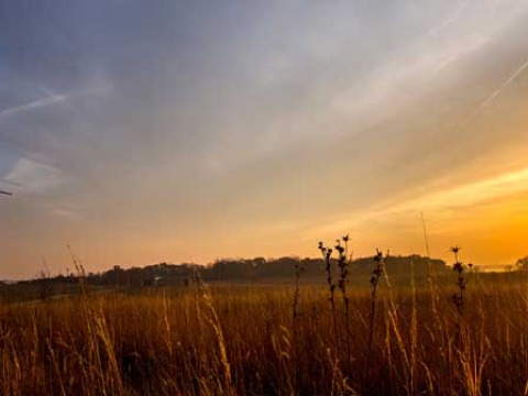A sunset over a prairie with a wind turbine